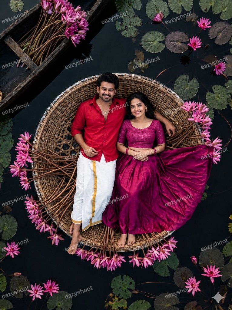 Couple in a coracle with water lilies