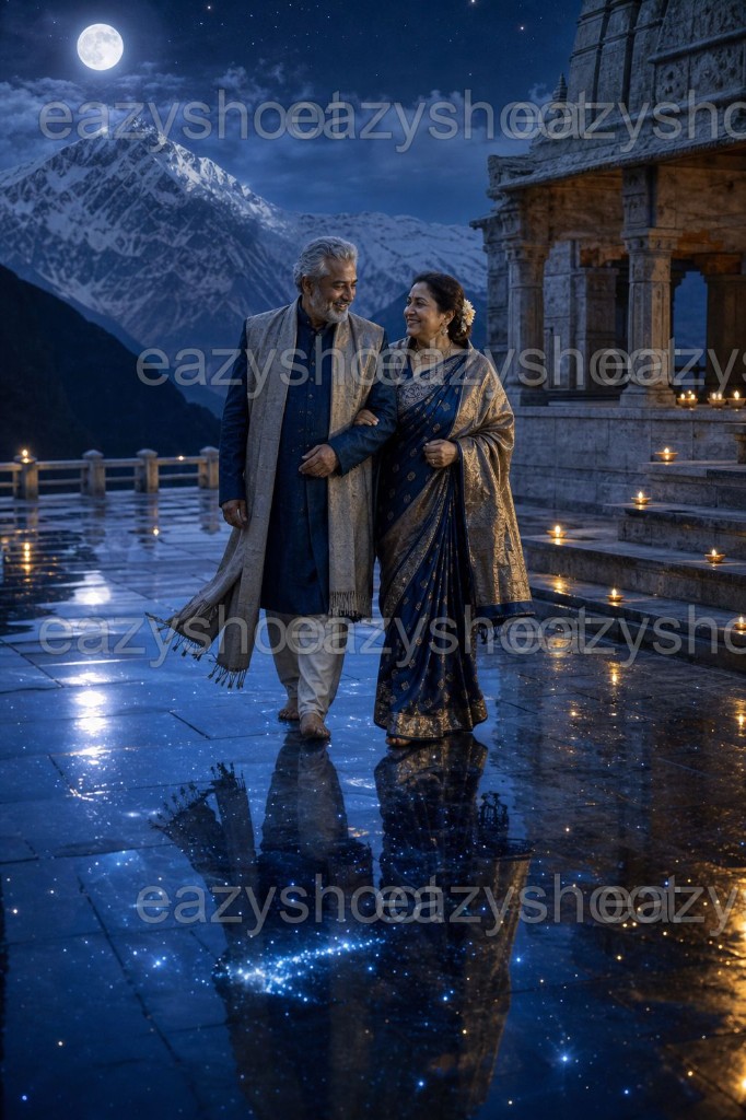 Couple walking at night with a mountain backdrop