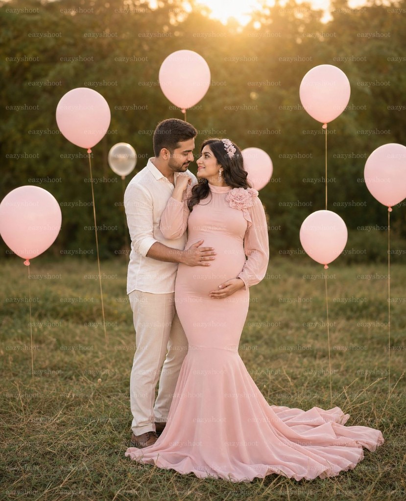 Maternity couple with pink balloons
